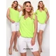 Masca Fashion pánttal összefogott V-nyakú, fodorszegélyes ujjatlan, átlapolt hatású laza neon-zöld felső, alján gumis behúzással