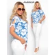 Masca Fashion kék-fehér Hawaii virágmintás rövid ujjú laza felső, csípőjén gumis behúzással