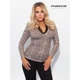 Masca Fashion fekete necc szegélyes V-nyakú, hosszú ujjú ocelotmintás szűk felső, könnyen kezelhető, selymes tapintású anyagból